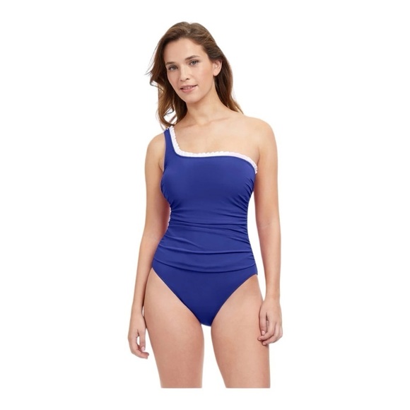 PROFILE BY GOTTEX FRENCH PLEATS RUFFLE ONE SHOULDER ONE PIECE SWIMSUIT SZ 8 - Picture 1 of 10